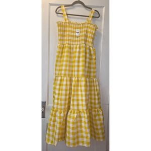 NWT Retro Threads Yellow White Gingham Smocked Midi Sundress Square Neck M